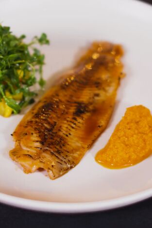 Cocina de Sotobosque. T(T2). Cocina de Sotobosque (T2): Trucha adobada con berenjenas de almagro y pamplinas